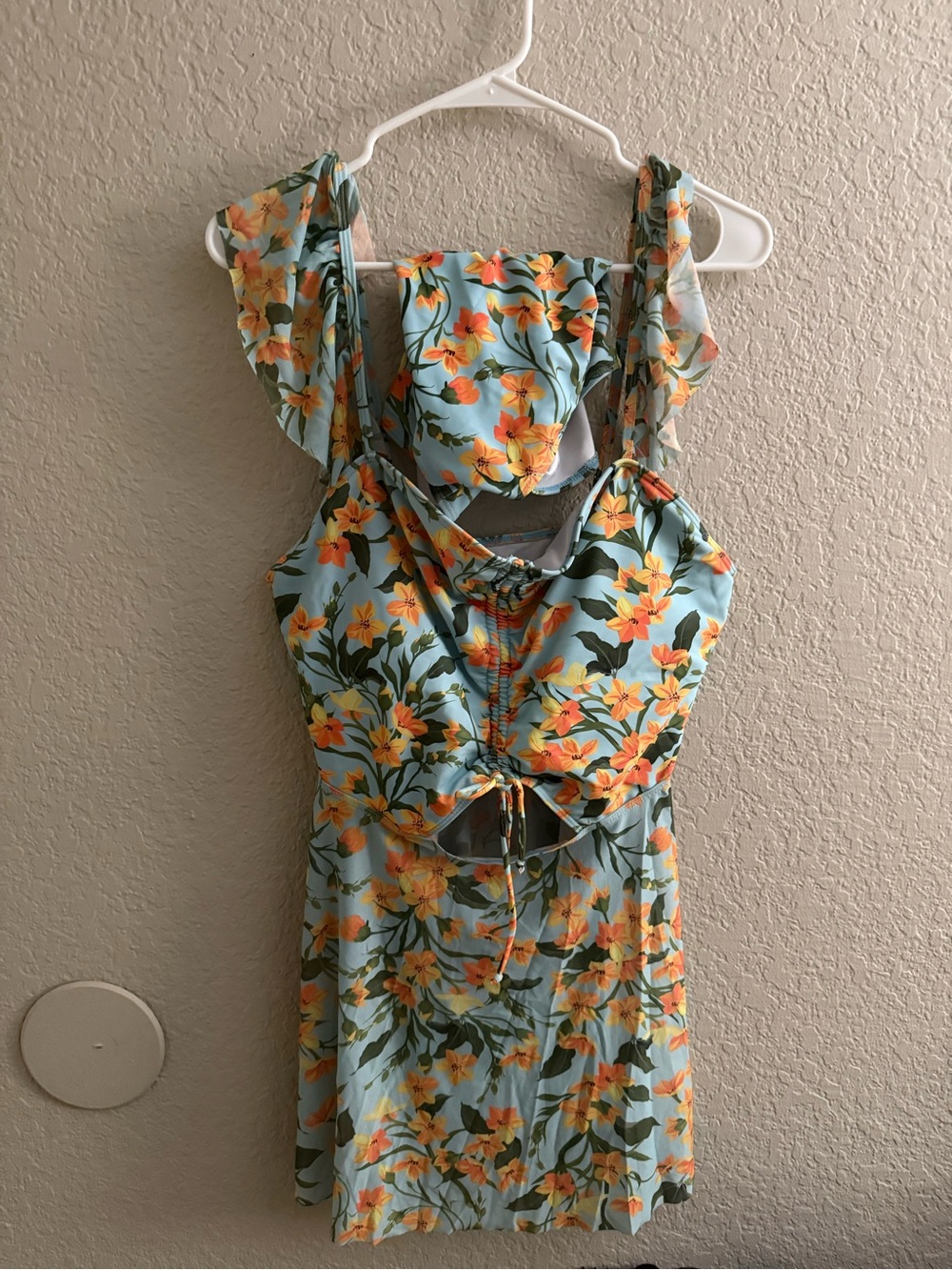 Floral Ruffle Strap One-Piece Swimsuit in Light Blue
